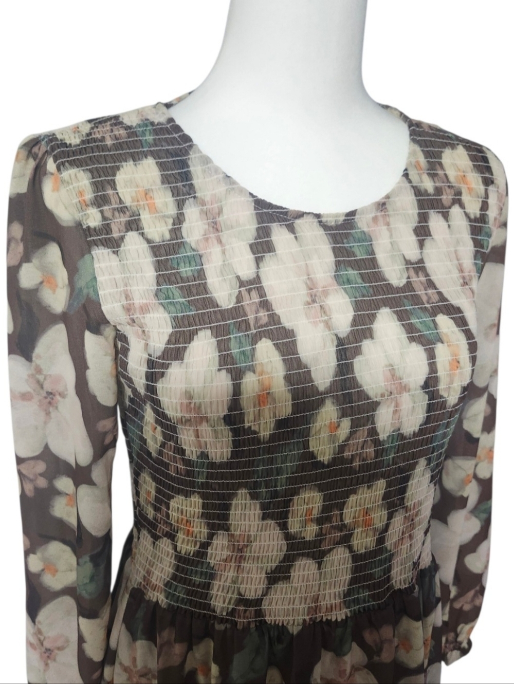 Jilly Box Floral Smocked Midi Dress in Brown and Cream - Picture 5 of 13